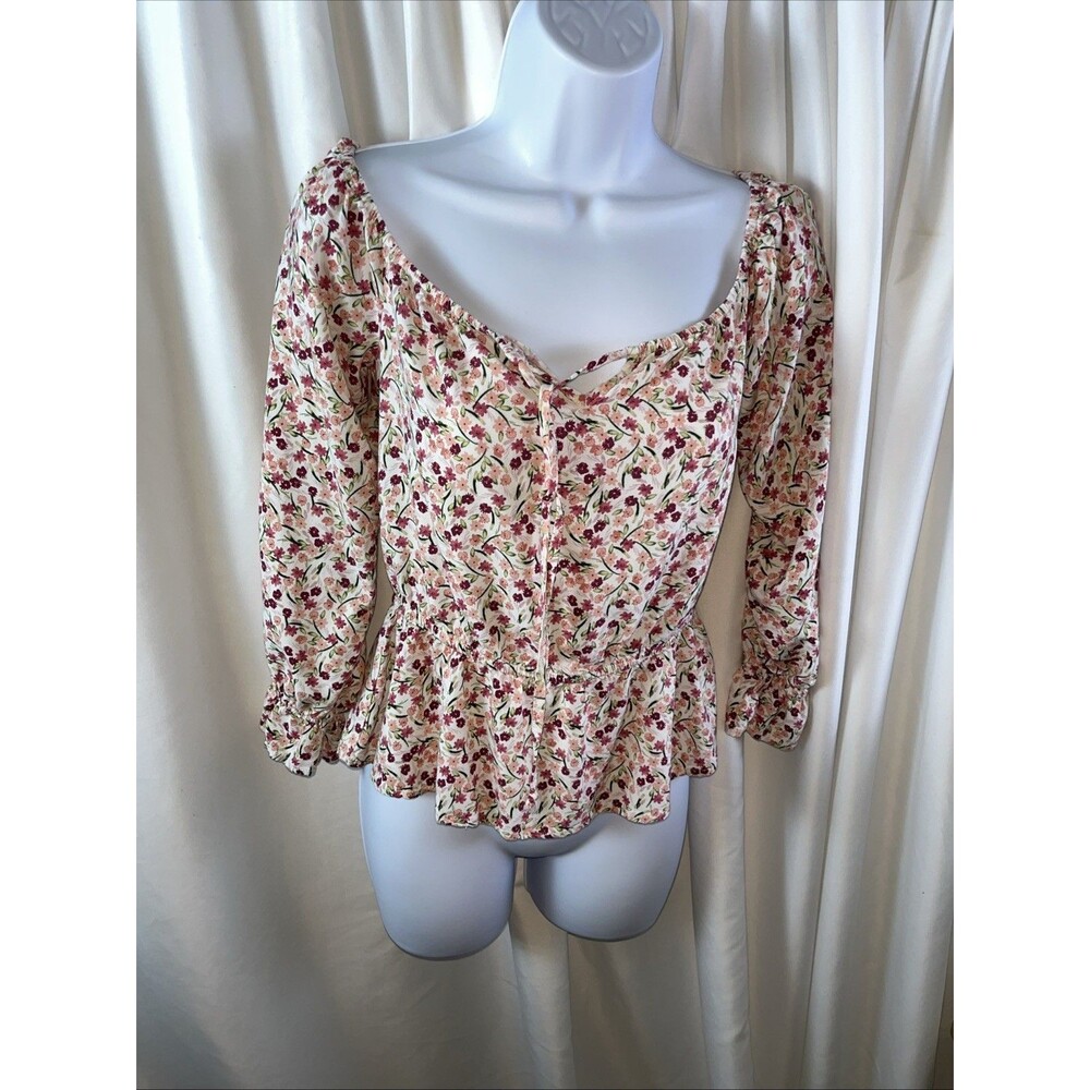 Blue Rain By Francesca’s Women’s Cream Floral Peplum Peasant Blouse Size S